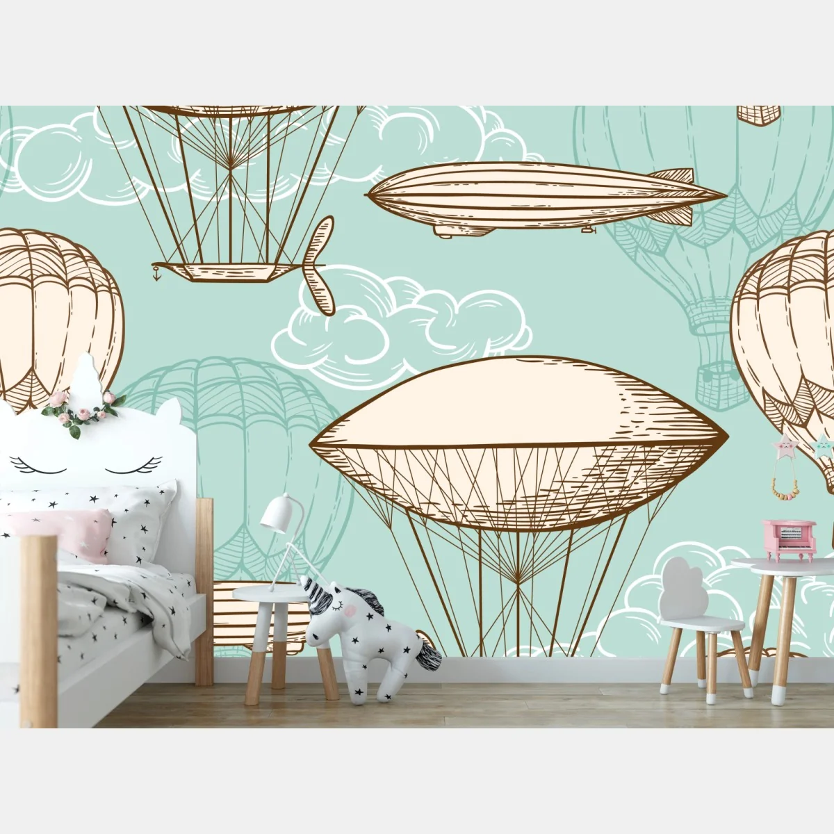 Fototapete vintage-motiv mit luftschiffen und ballons – Wallnifity® Fototapete vintage-motiv mit luftschiffen und ballons – Wallnifity®