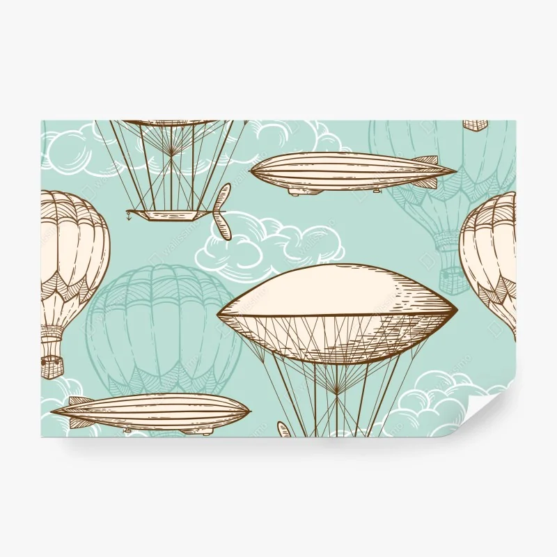 Fototapete vintage-motiv mit luftschiffen und ballons