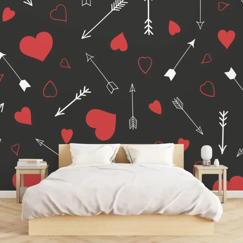 Fototapete muster aus roten herzen und pfeilen