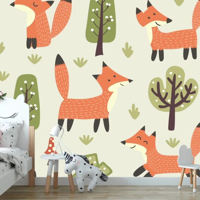 Fototapete verspieltes waldmuster mit füchsen
