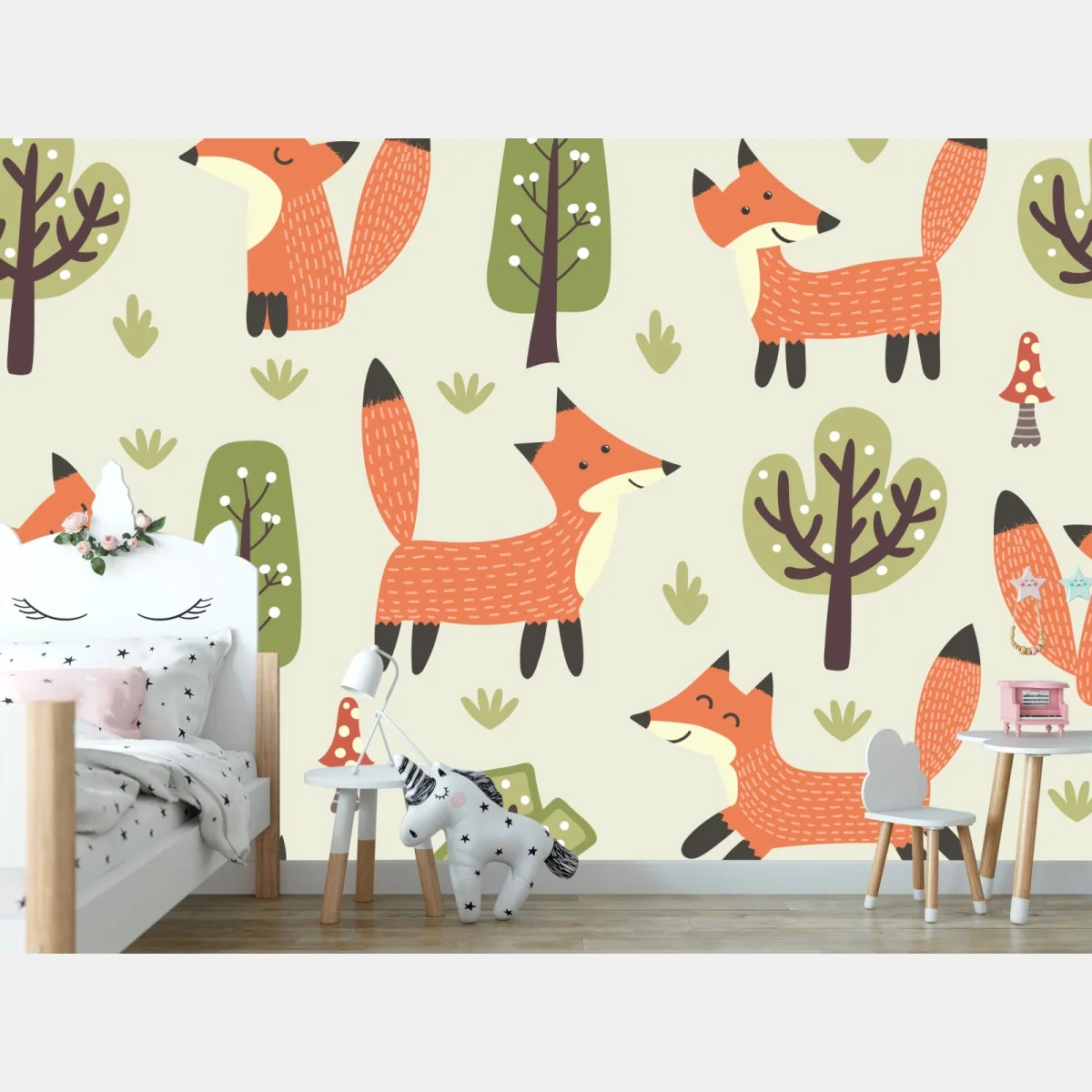 Fototapete verspieltes waldmuster mit füchsen – Wallnifity®
