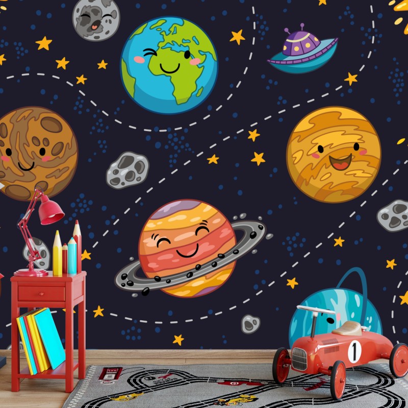 Fototapete lächelnde planeten im verspielten weltraummuster