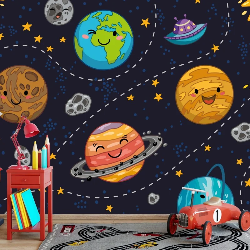 Fototapete lächelnde planeten im verspielten weltraummuster