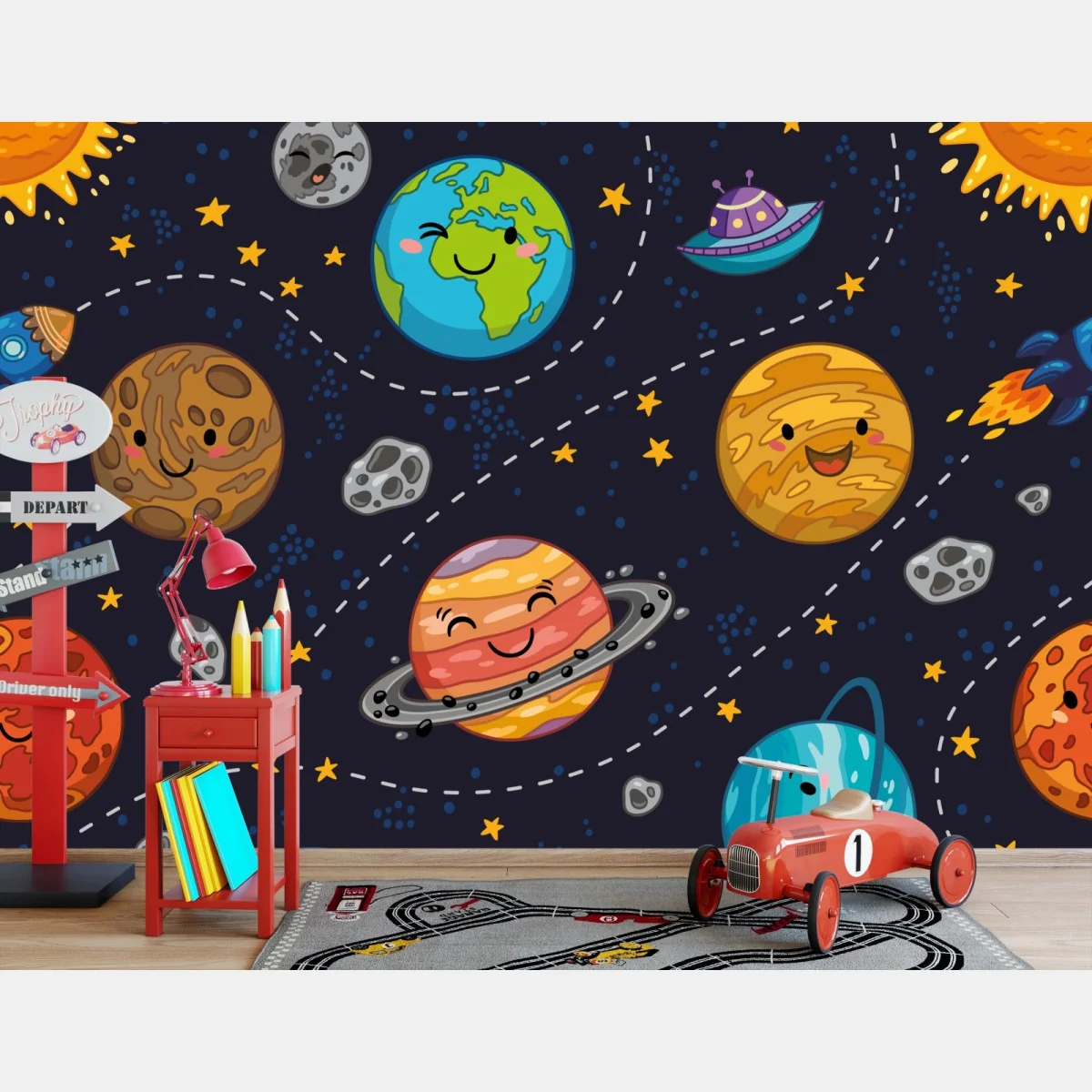 Fototapete lächelnde planeten im verspielten weltraummuster – Wallnifity® Fototapete lächelnde planeten im verspielten weltraummuster – Wallnifity®