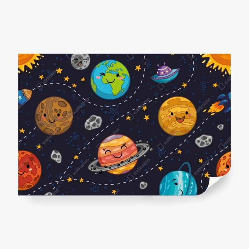 Fototapete lächelnde planeten im verspielten weltraummuster