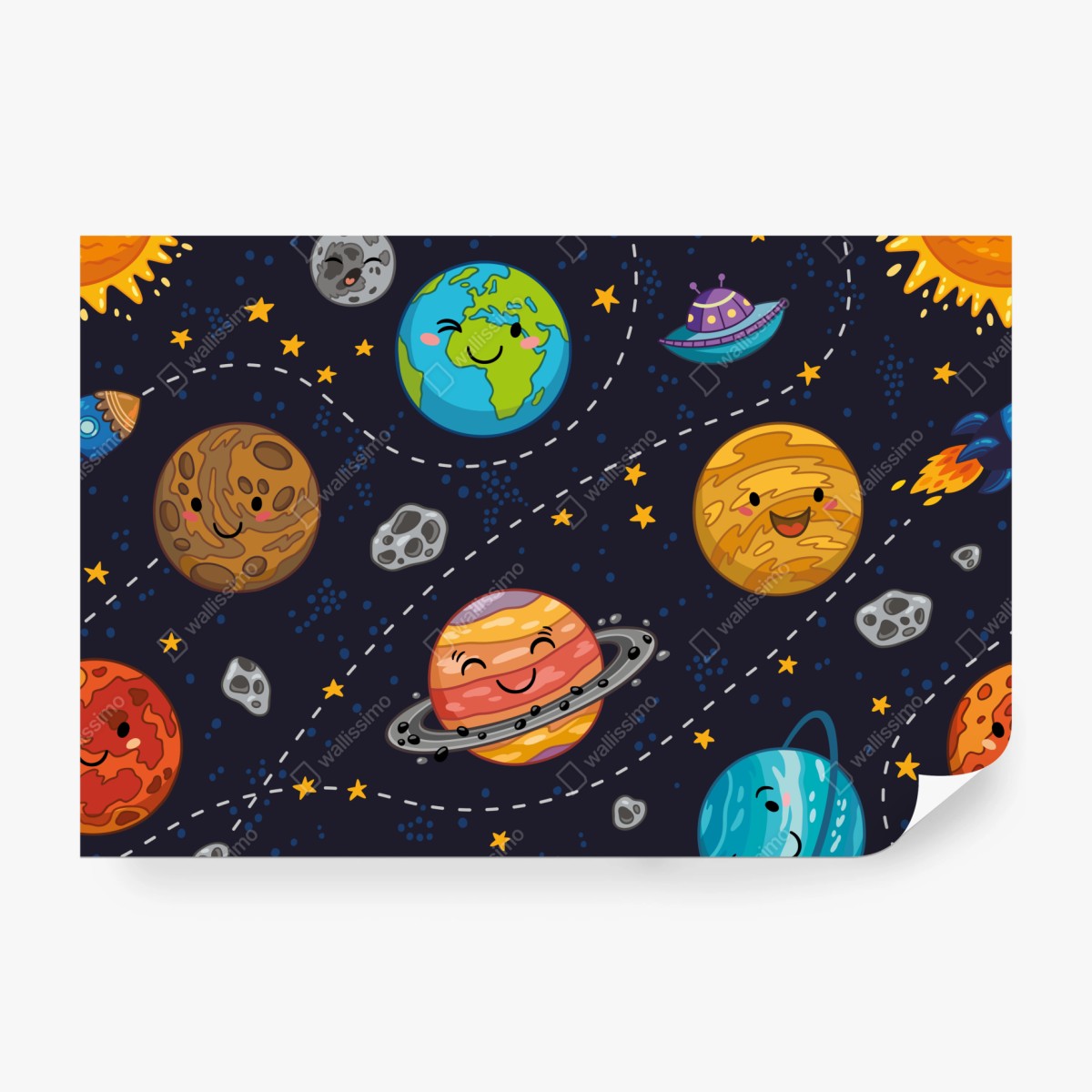 Fototapete lächelnde planeten im verspielten weltraummuster – Wallnifity® Fototapete lächelnde planeten im verspielten weltraummuster – Wallnifity®