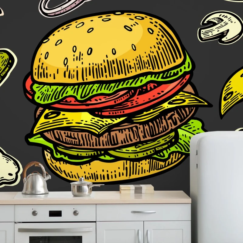 Fototapete buntes burger-muster mit zutaten – Wallnifity® Fototapete buntes burger-muster mit zutaten – Wallnifity®