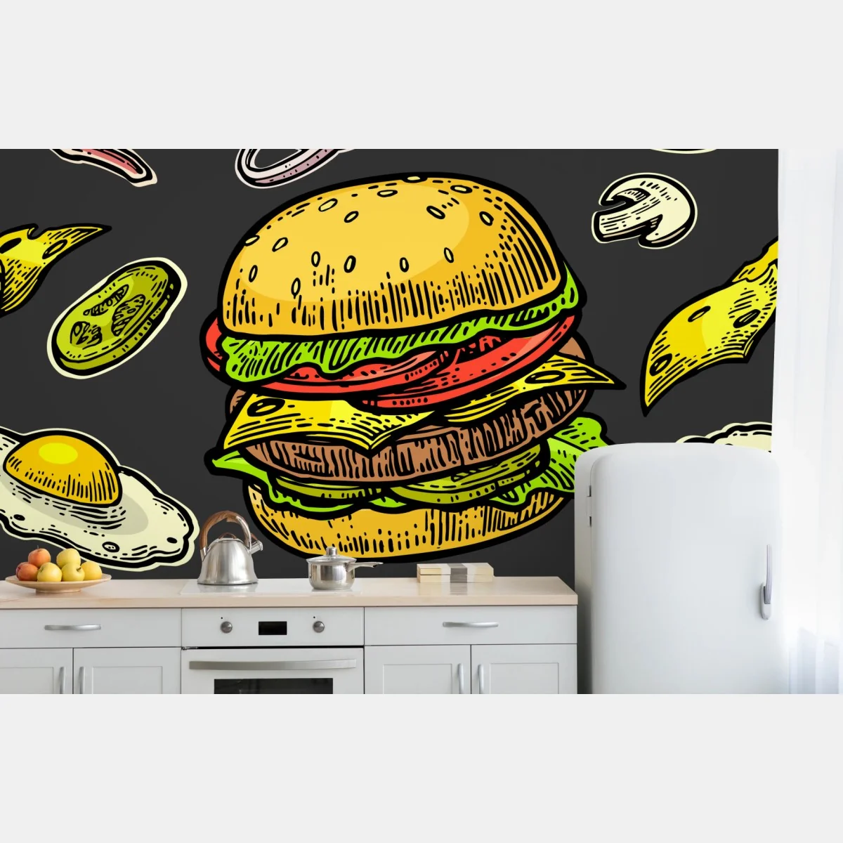 Fototapete buntes burger-muster mit zutaten – Wallnifity®