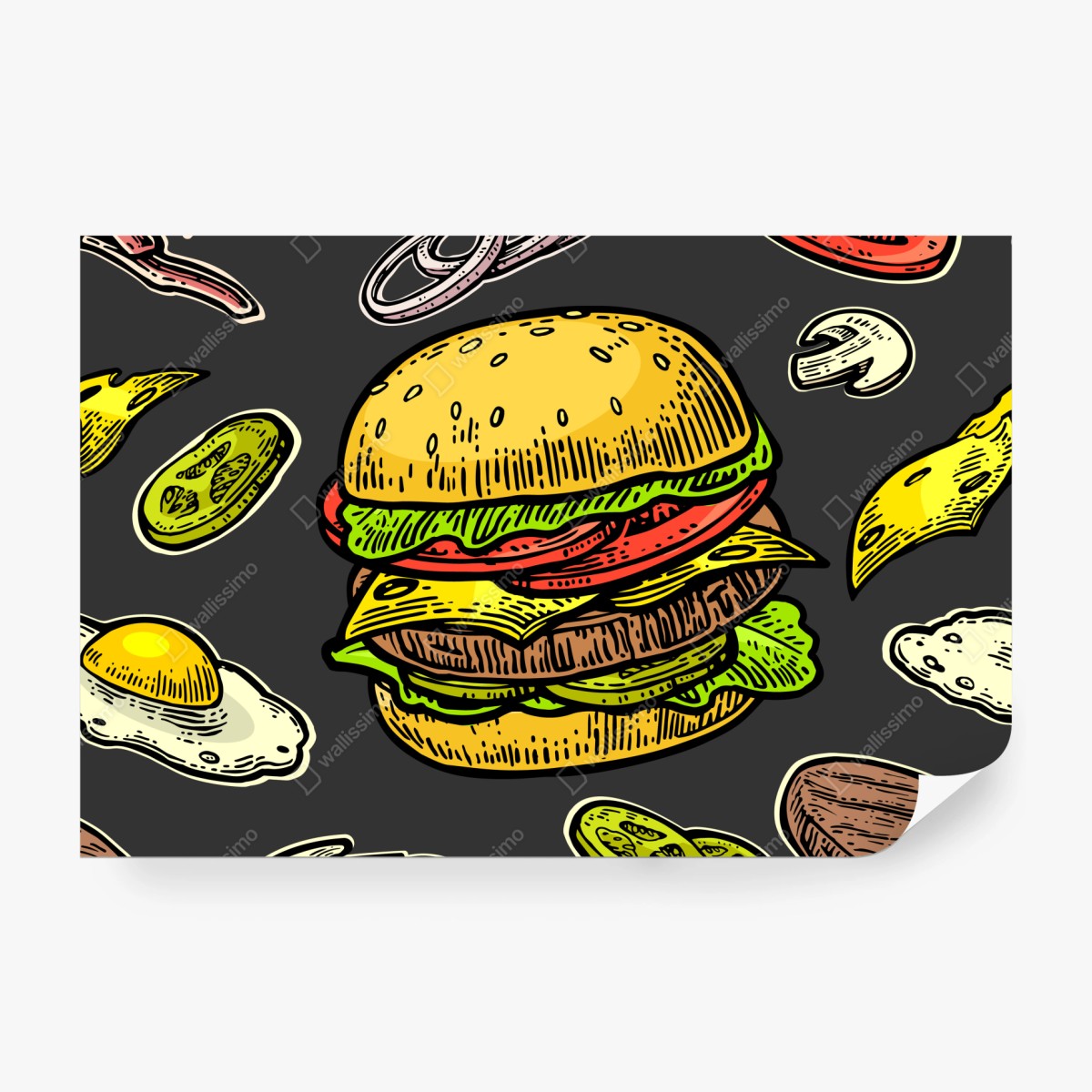 Fototapete buntes burger-muster mit zutaten – Wallnifity®