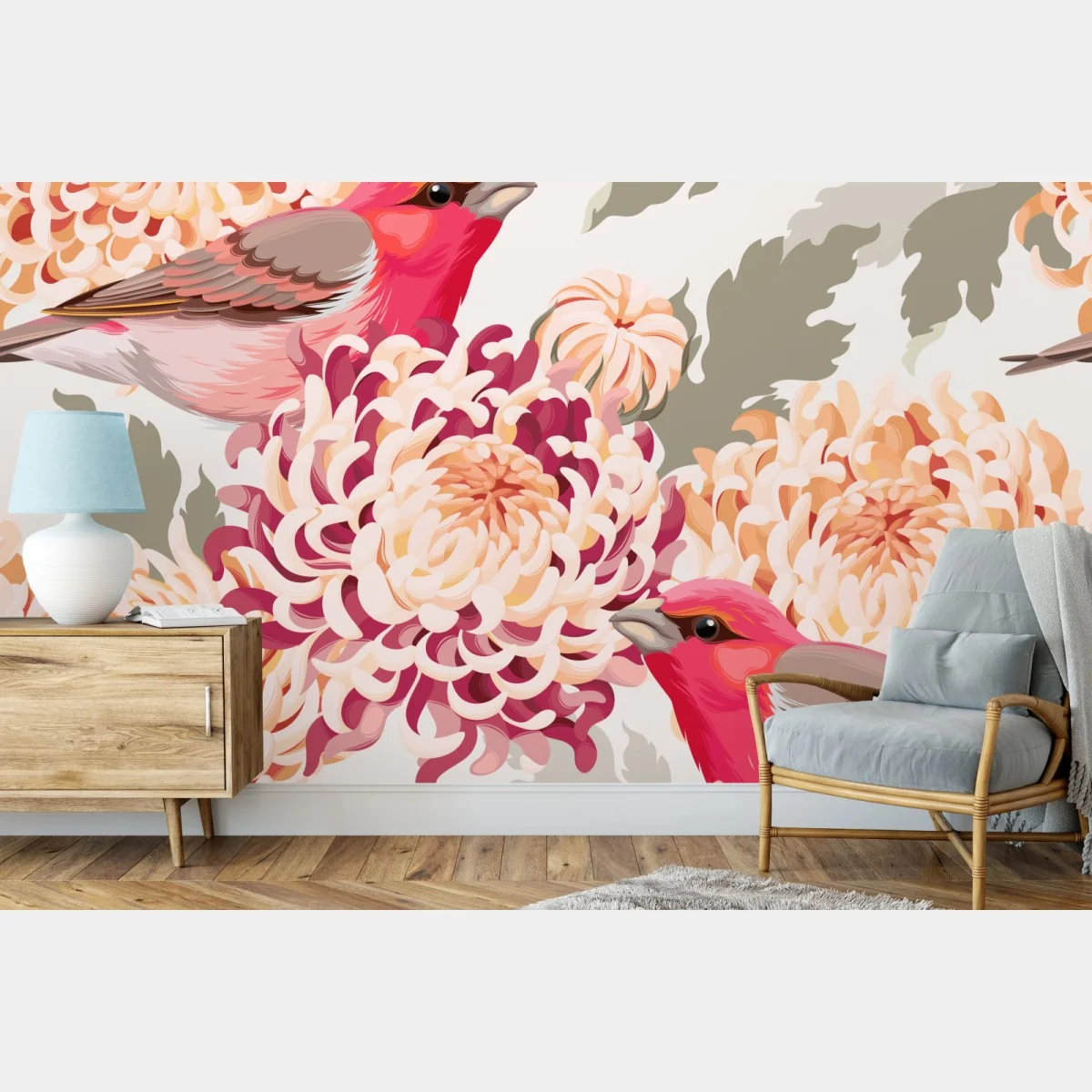 Fototapete rosa vögel und chryzanthemenmuster – Wallnifity®