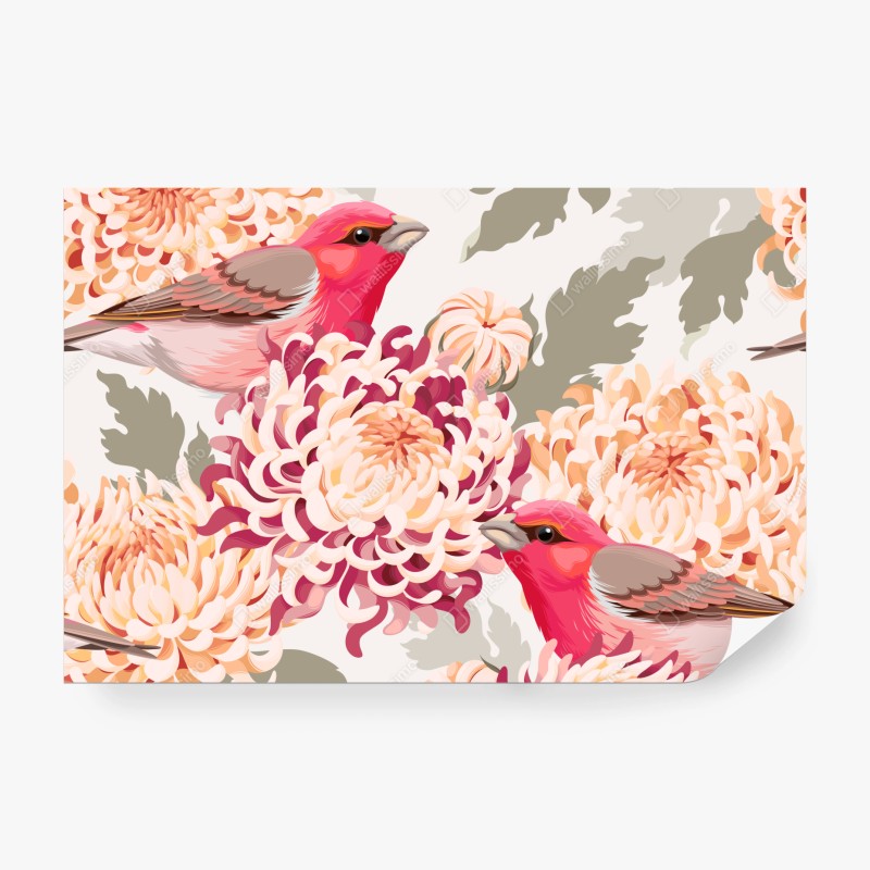 Fototapete rosa vögel und chryzanthemenmuster