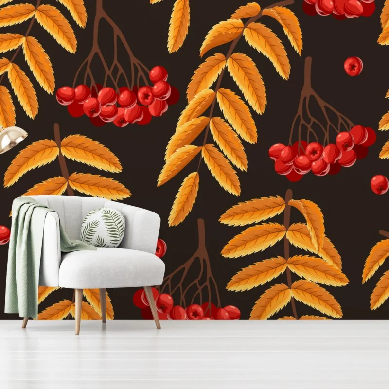Fototapete herbstliches muster mit vogelbeeren und blättern