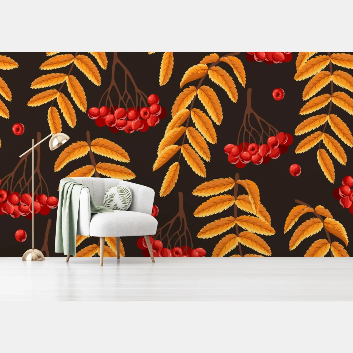 Fototapete herbstliches muster mit vogelbeeren und blättern – Wallnifity® Fototapete herbstliches muster mit vogelbeeren und blättern – Wallnifity®