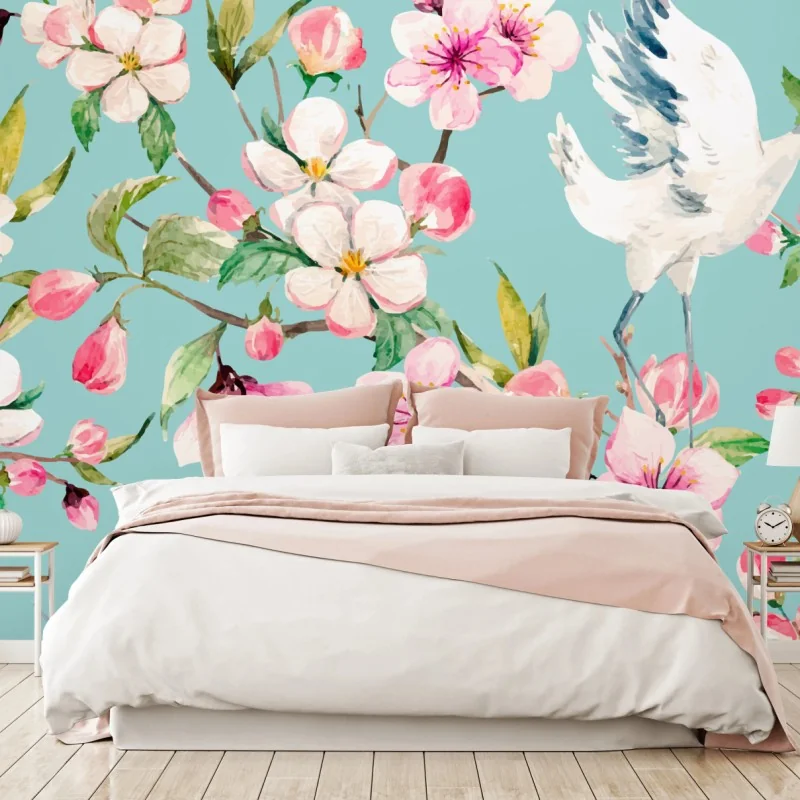 Fototapete türkises kirschblüten- und kranichmuster – Wallnifity®