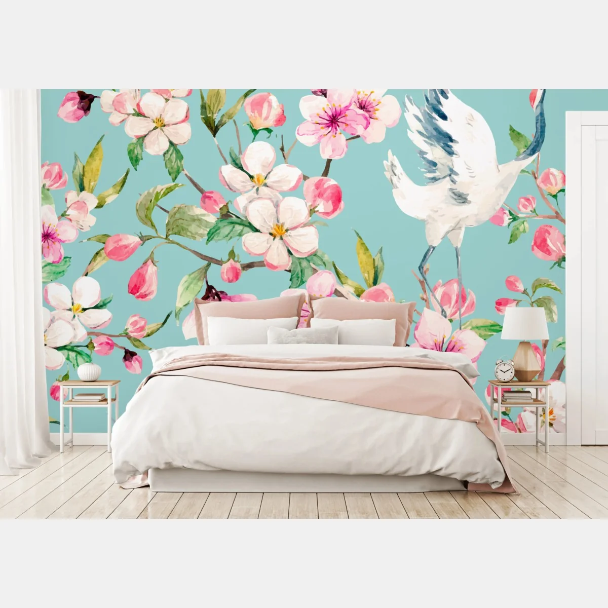 Fototapete türkises kirschblüten- und kranichmuster – Wallnifity®