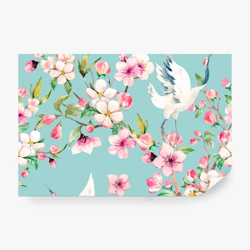 Fototapete türkises kirschblüten- und kranichmuster