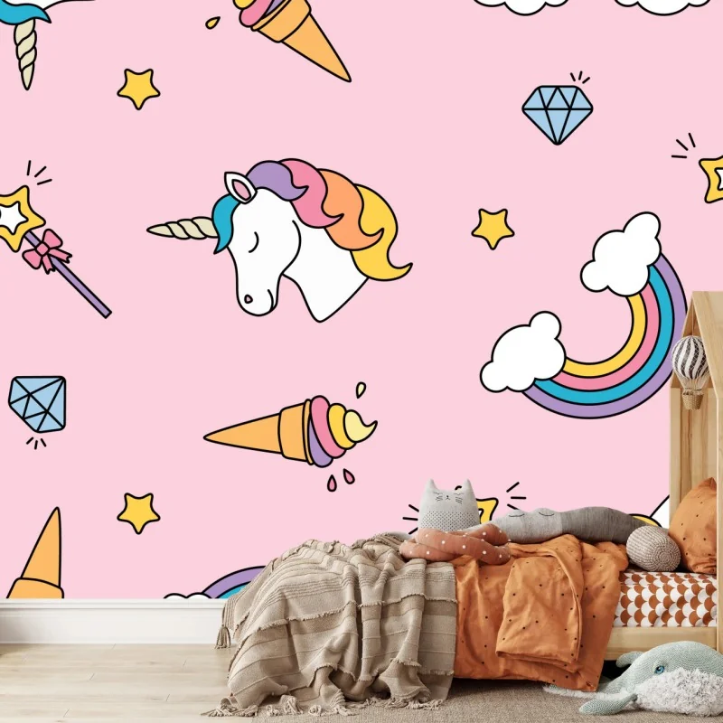 Fototapete pastell einhörner und regenbogen muster
