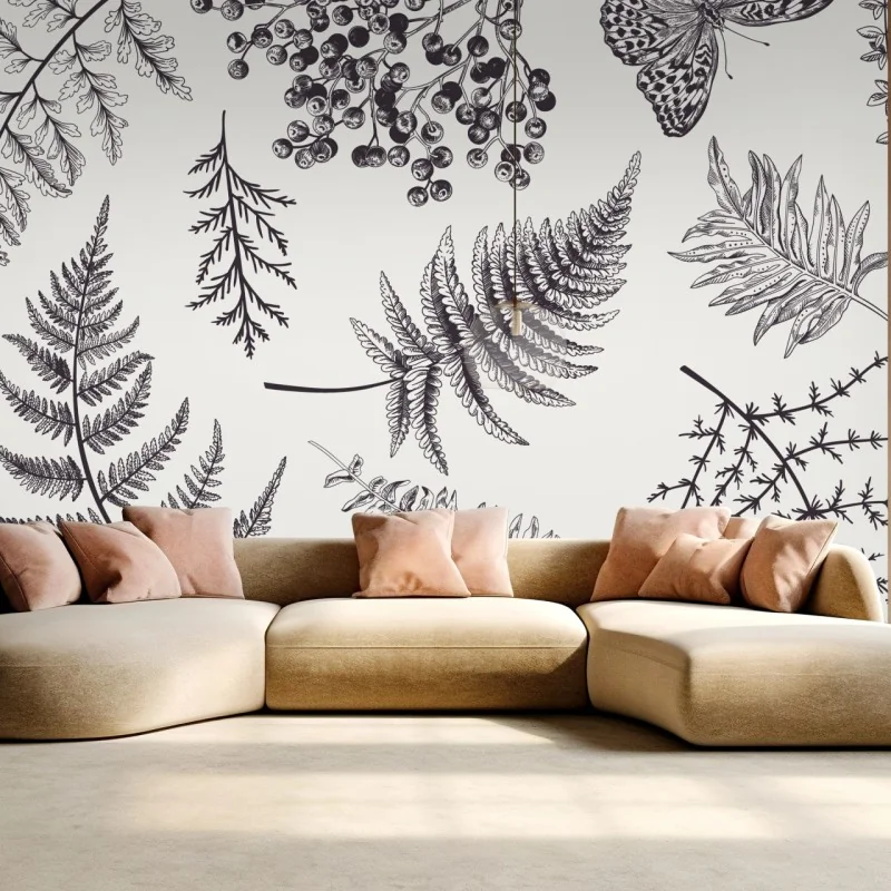 Fototapete monochromes botanisches blättermuster