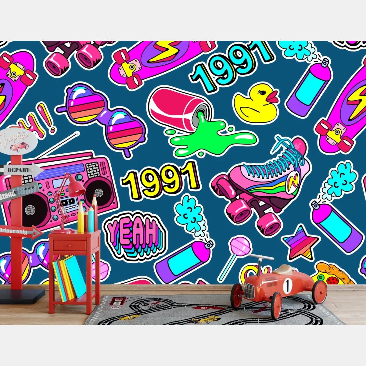 Fototapete lebendige 90er aufkleber-collage – Wallnifity®