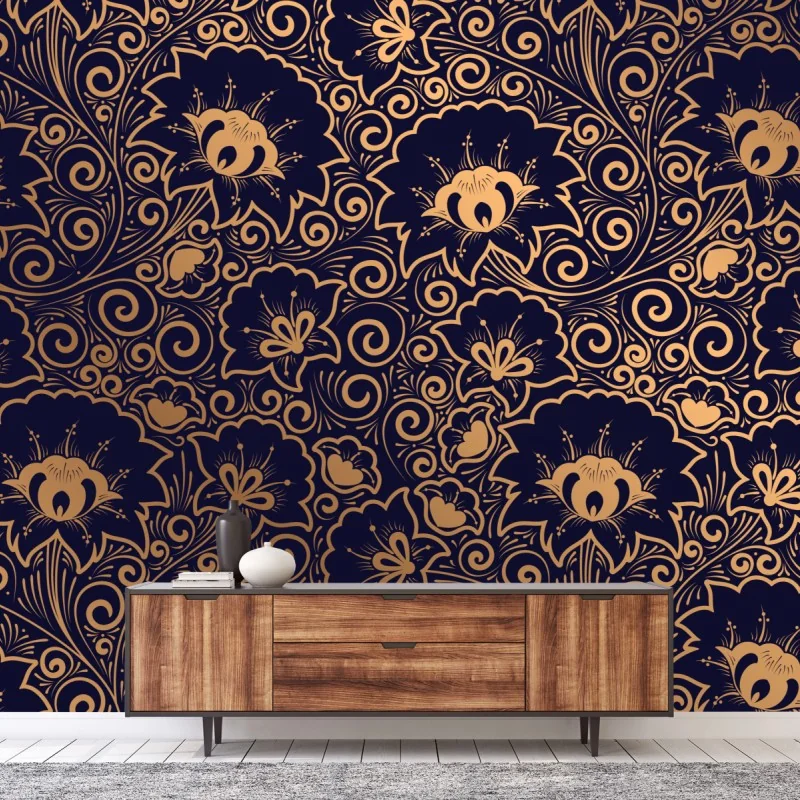 Fototapete luxuriöses goldenes blumenmuster auf dunklem hintergrund