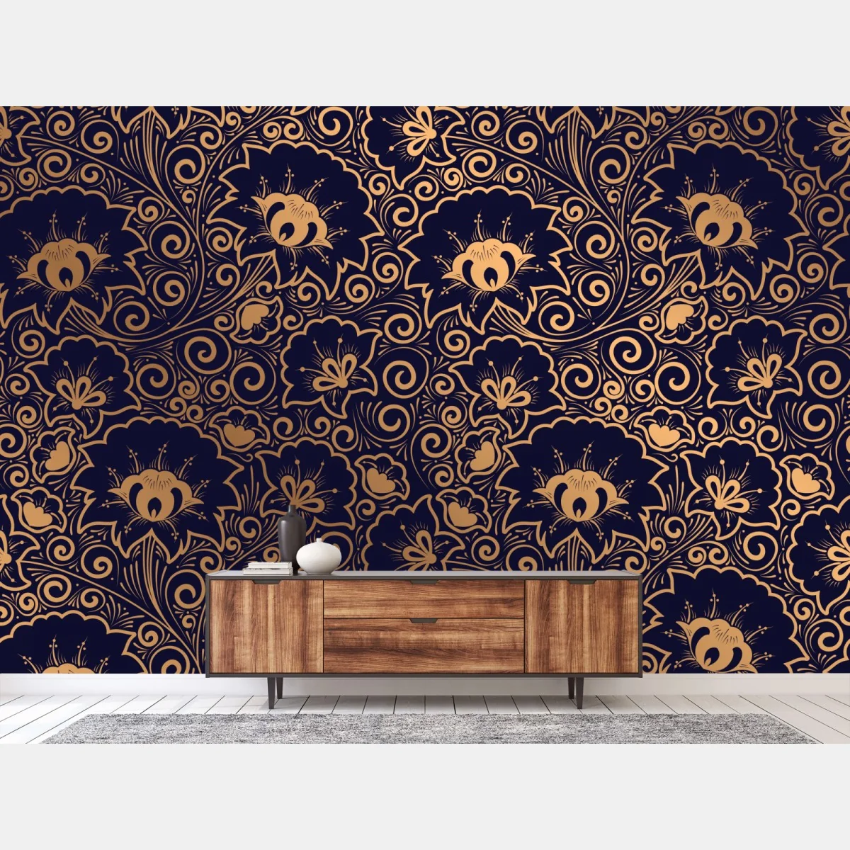 Fototapete luxuriöses goldenes blumenmuster auf dunklem hintergrund – Wallnifity® Fototapete luxuriöses goldenes blumenmuster auf dunklem hintergrund – Wallnifity®