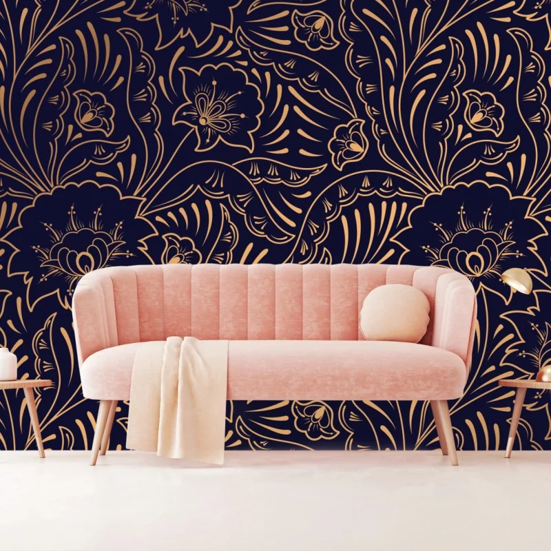 Fototapete goldenes blumenornament auf nachtblauem hintergrund