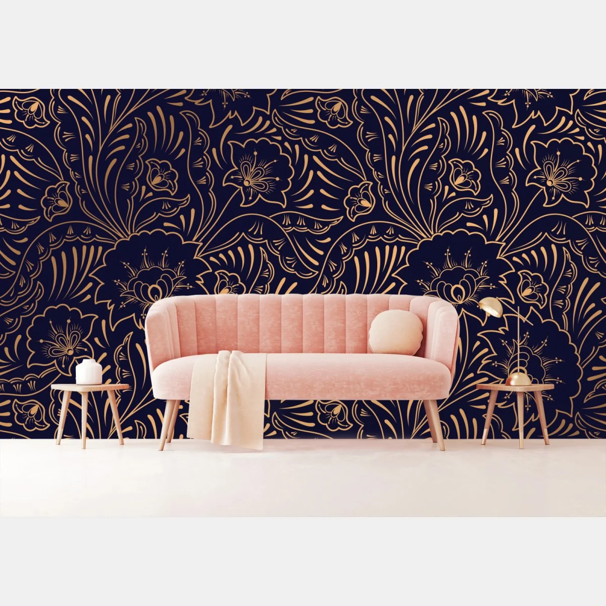 Fototapete goldenes blumenornament auf nachtblauem hintergrund – Wallnifity®