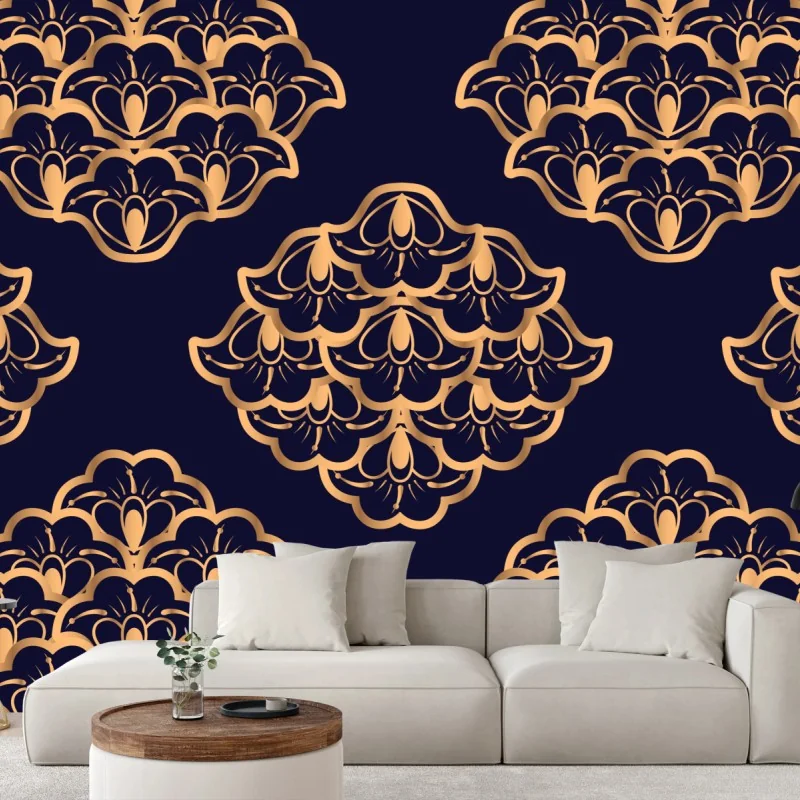 Fototapete goldenes damastmuster auf marineblauem hintergrund