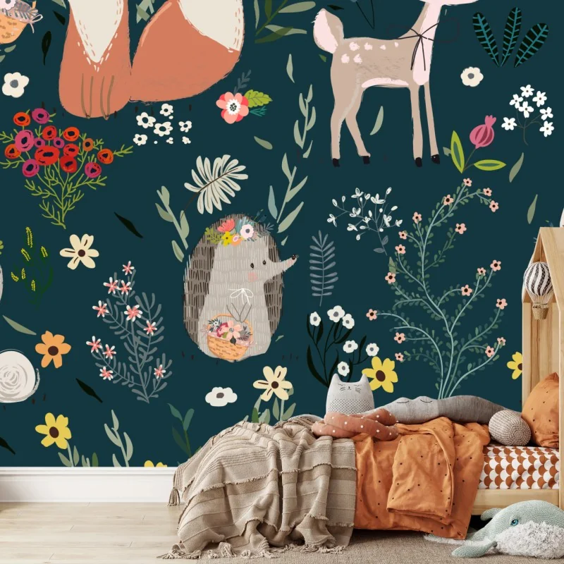Fototapete waldfreunde blumenmuster fürs kinderzimmer