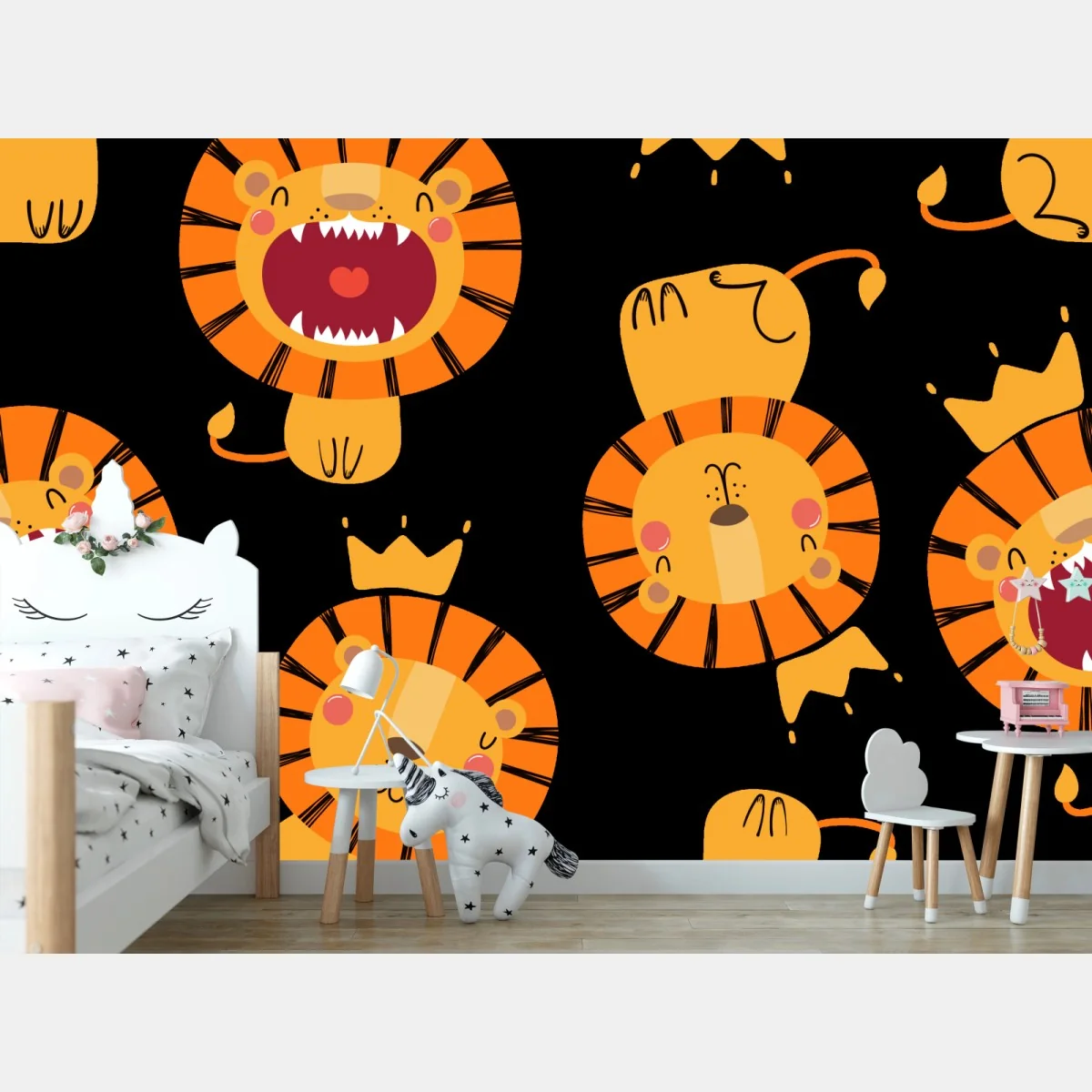Fototapete verspieltes löwenmuster auf schwarzem hintergrund – Wallnifity®