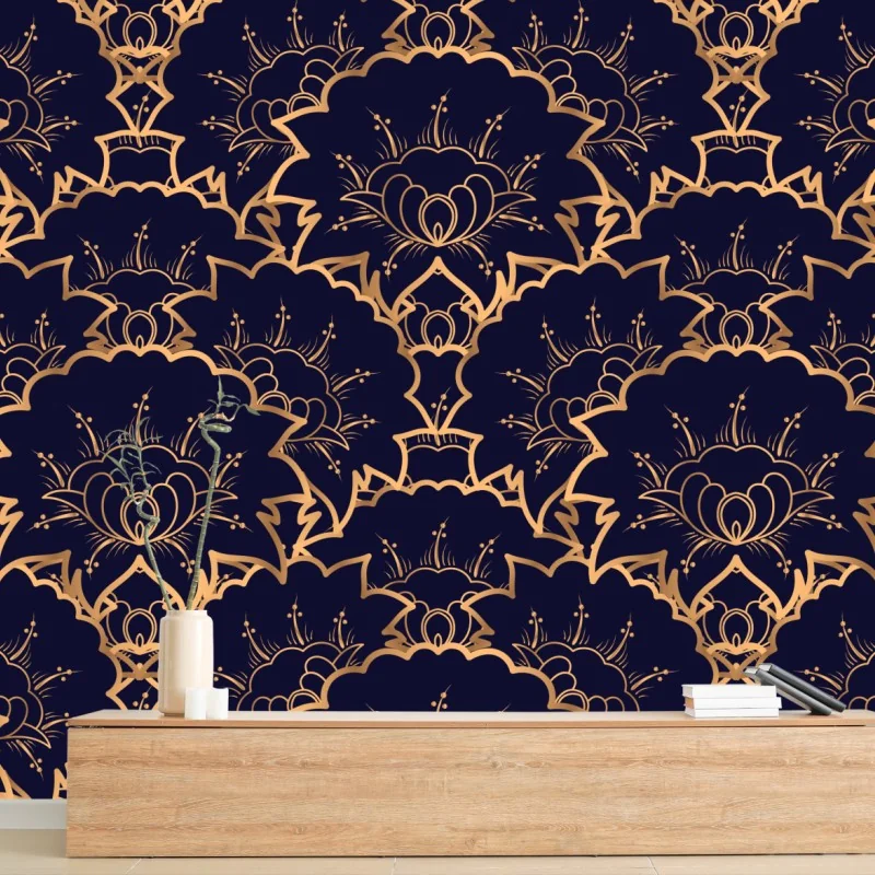 Fototapete luxuriöses goldenes blütenmuster auf marineblau