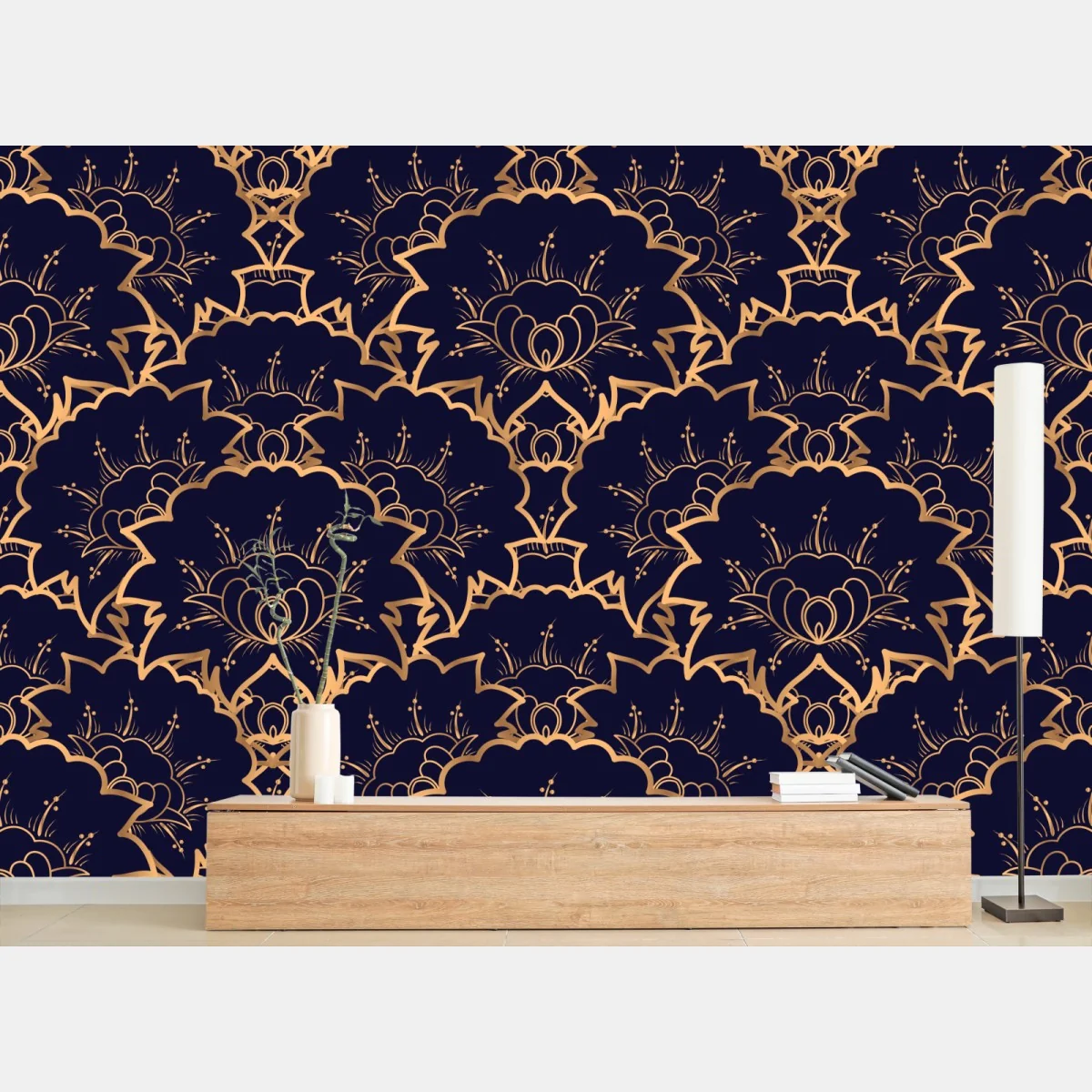Fototapete luxuriöses goldenes blütenmuster auf marineblau – Wallnifity® Fototapete luxuriöses goldenes blütenmuster auf marineblau – Wallnifity®