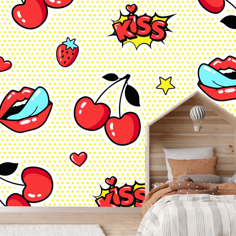 Fototapete verspieltes pop-art kirschen-kuss muster