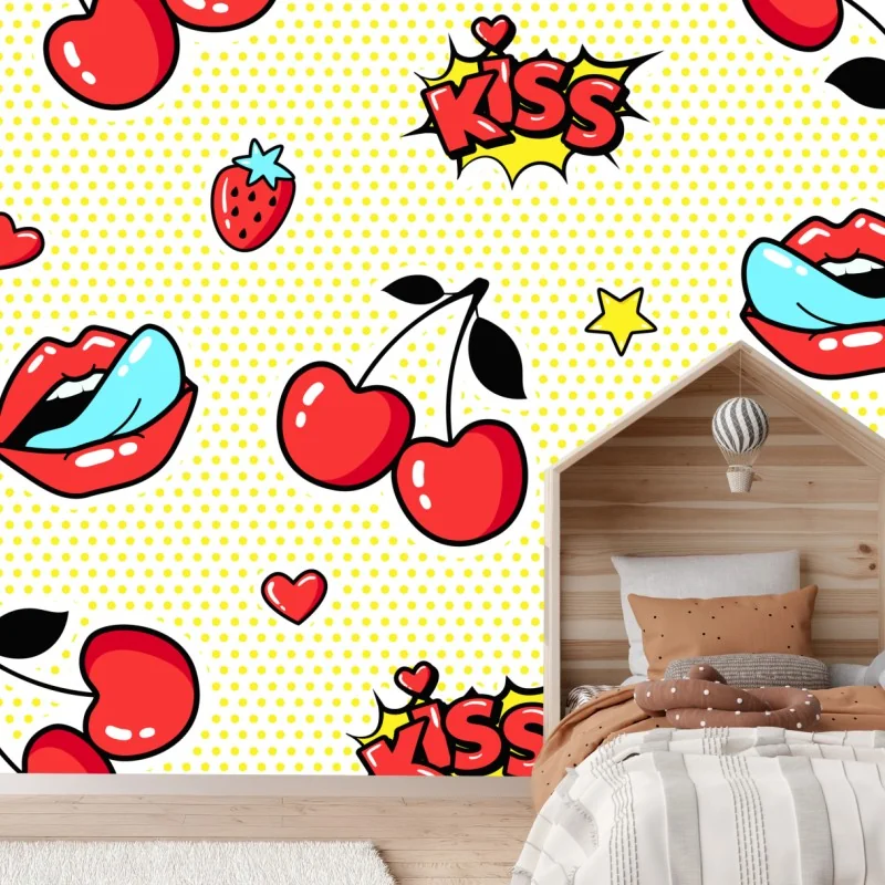 Fototapete verspieltes pop-art kirschen-kuss muster
