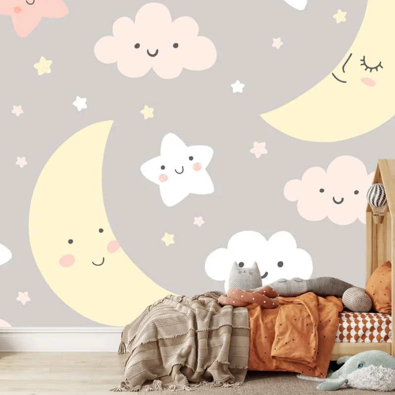 Fototapete schlafender mond und sterne kinderzimmer muster