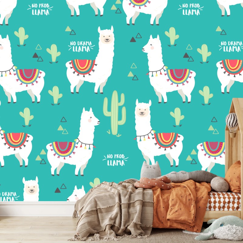 Fototapete fröhliches lama-muster auf türkisfarbenem hintergrund
