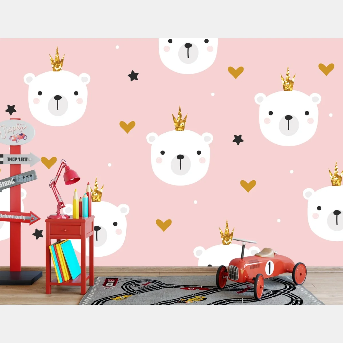 Fototapete süßes polarbär-motiv mit kronen für das kinderzimmer – Wallnifity® Fototapete süßes polarbär-motiv mit kronen für das kinderzimmer – Wallnifity®