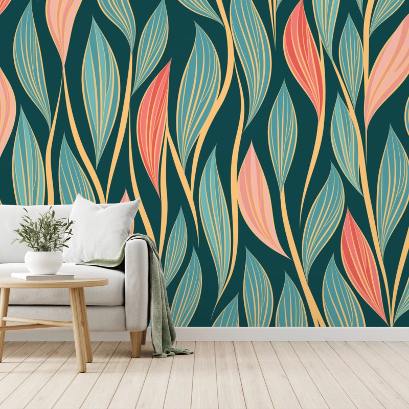 Fototapete botanisches blattmuster in türkis und koralle