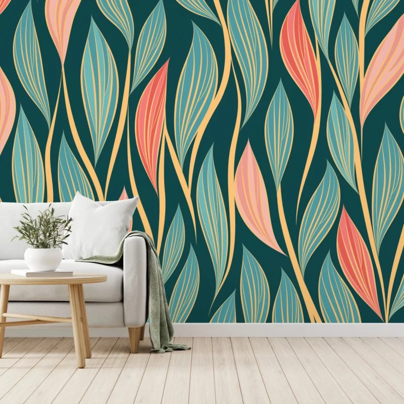 Fototapete botanisches blattmuster in türkis und koralle