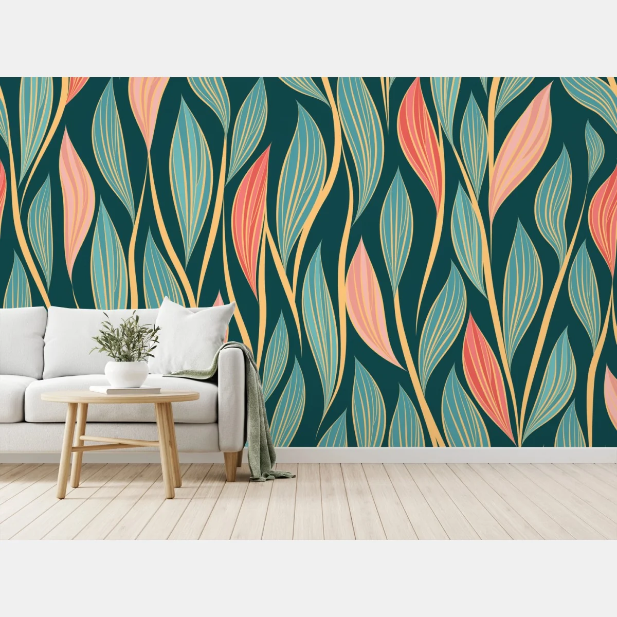 Fototapete botanisches blattmuster in türkis und koralle – Wallnifity® Fototapete botanisches blattmuster in türkis und koralle – Wallnifity®