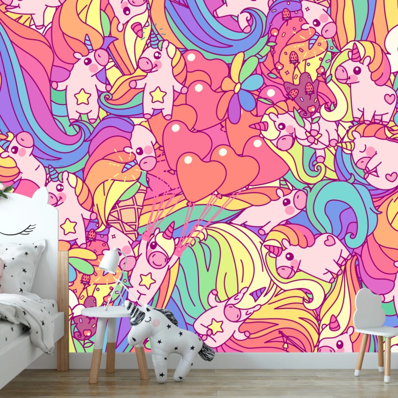 Fototapete verspieltes pastell-einhornmuster