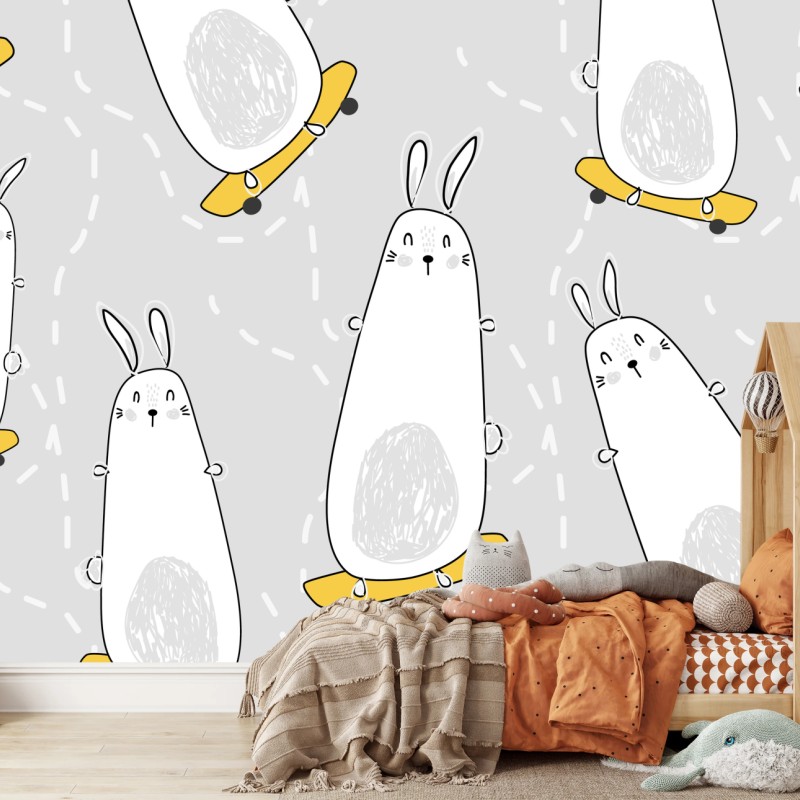 Fototapete spielende kaninchen auf skateboards muster