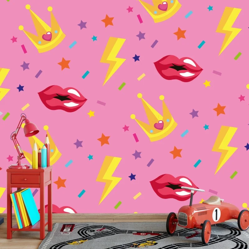 Fototapete verspieltes prinzessinnenmuster mit kronen und lippen