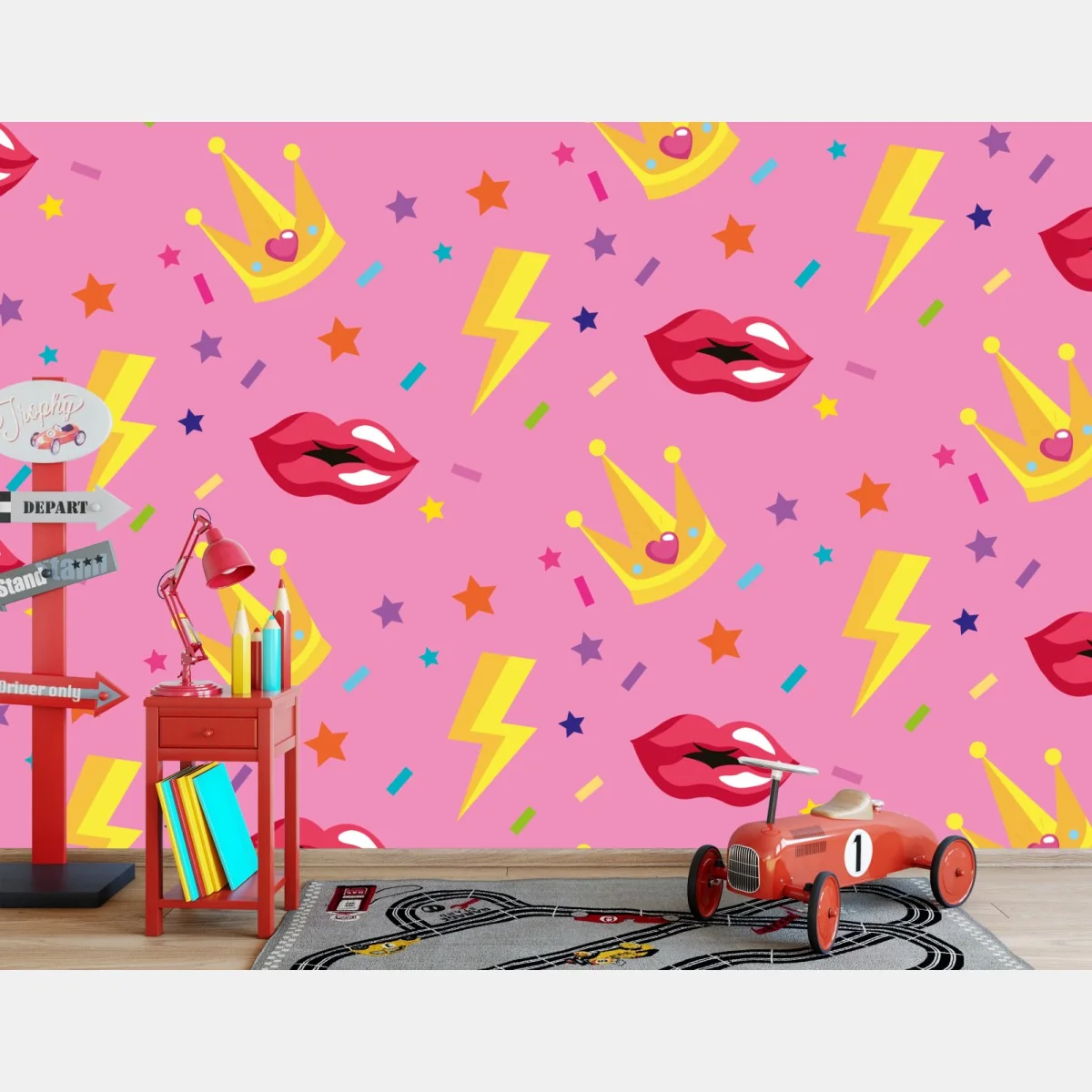 Fototapete verspieltes prinzessinnenmuster mit kronen und lippen – Wallnifity®