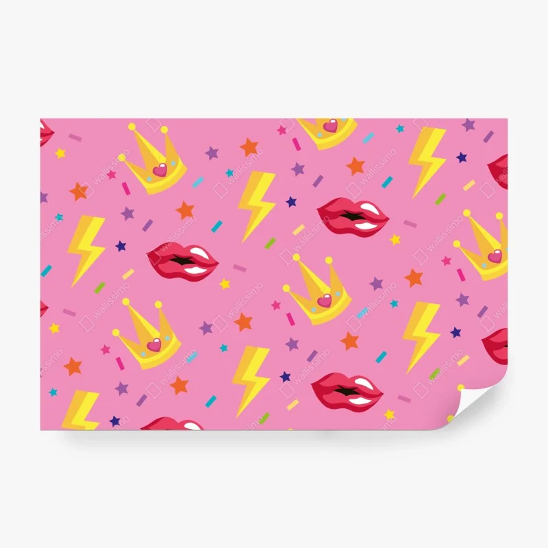 Fototapete verspieltes prinzessinnenmuster mit kronen und lippen