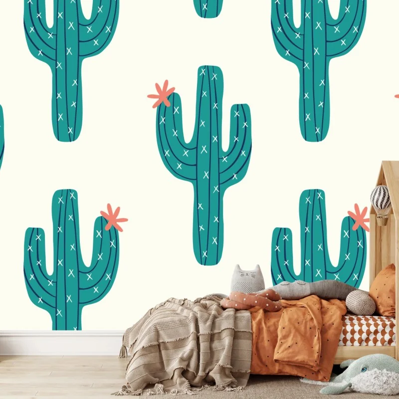 Fototapete verspieltes türkis kaktusmuster – Wallnifity® Fototapete verspieltes türkis kaktusmuster – Wallnifity®
