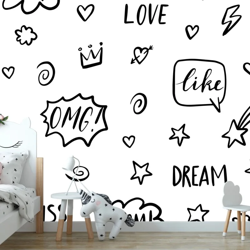 Fototapete verspieltes doodle-muster mit herzen und sternen – Wallnifity®