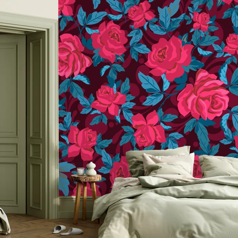 Fototapete vintage rosenmuster in rosa und türkis