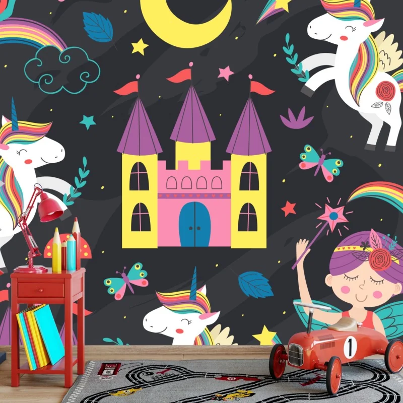 Fototapete magisches einhorn- und feenmuster