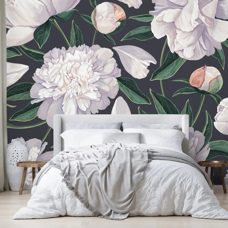 Fototapete weißes pfingstrosenmuster auf schiefergrauem hintergrund